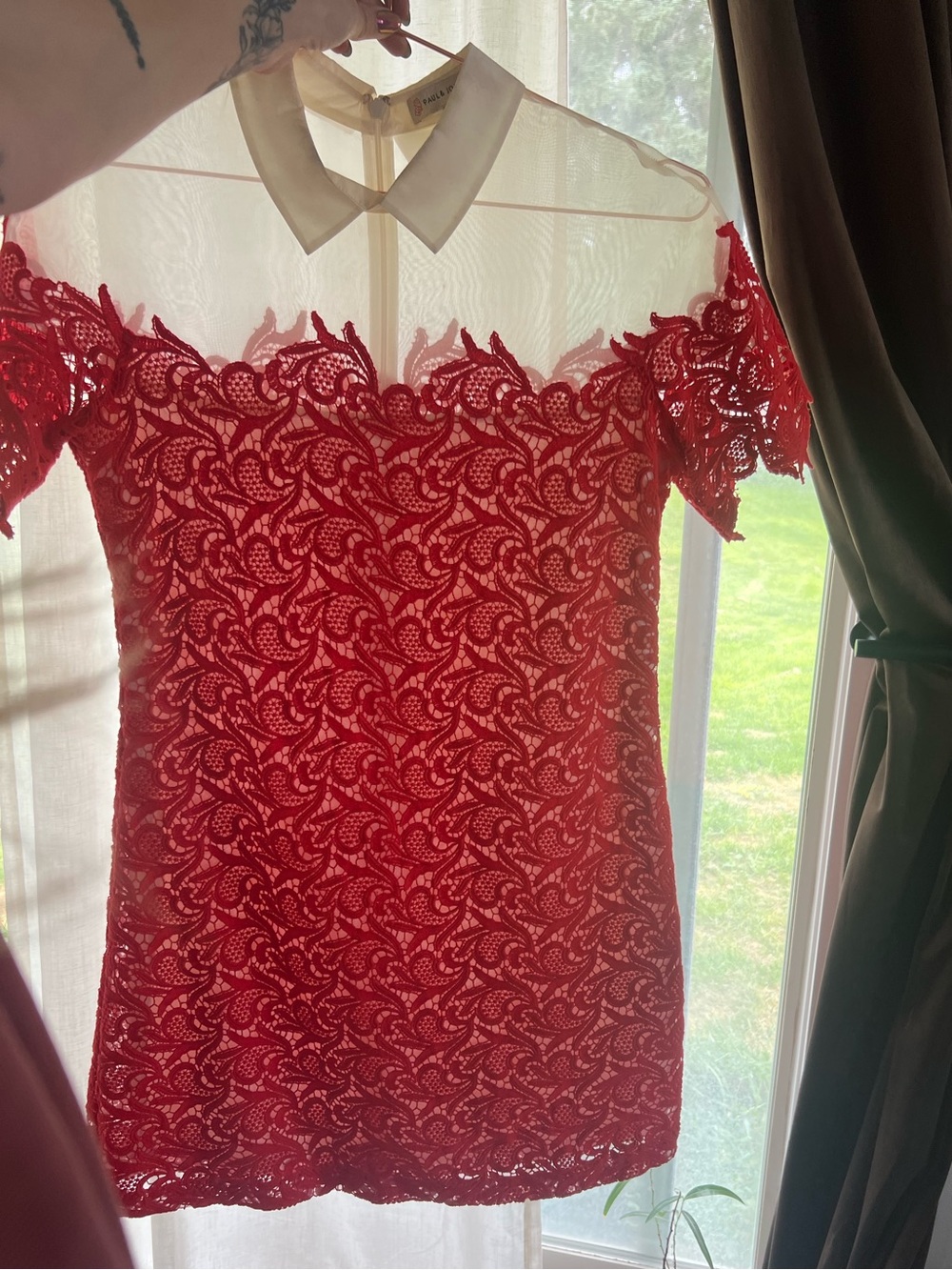 Paul & Joe Sister | Red-Orange Guipure Lace Organza Overlay Mini Dress | M